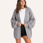 Grey oversized open-front knit cardigan, front view on model :: The model is 5'6" and wears a size M