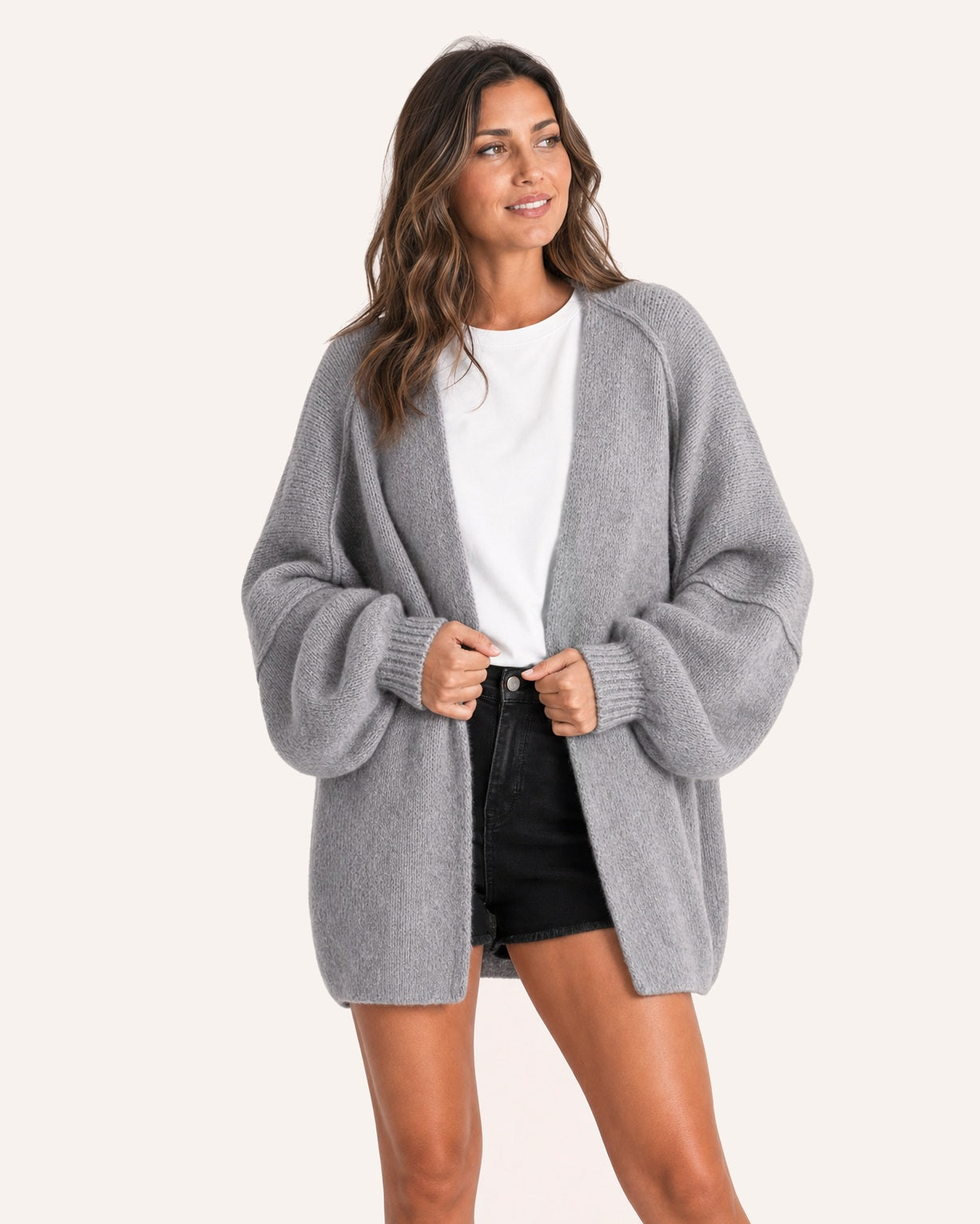 Grey oversized open-front knit cardigan, front view on model :: The model is 5'6" and wears a size M