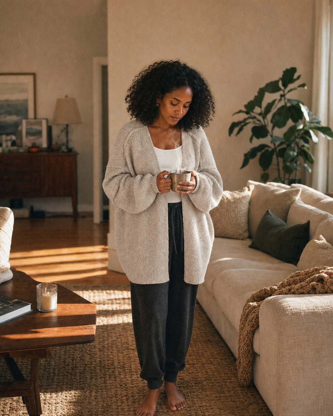 Woman at home in the oatmeal cardigan holding a warm mug :: The model is 5'6" and wears a size M