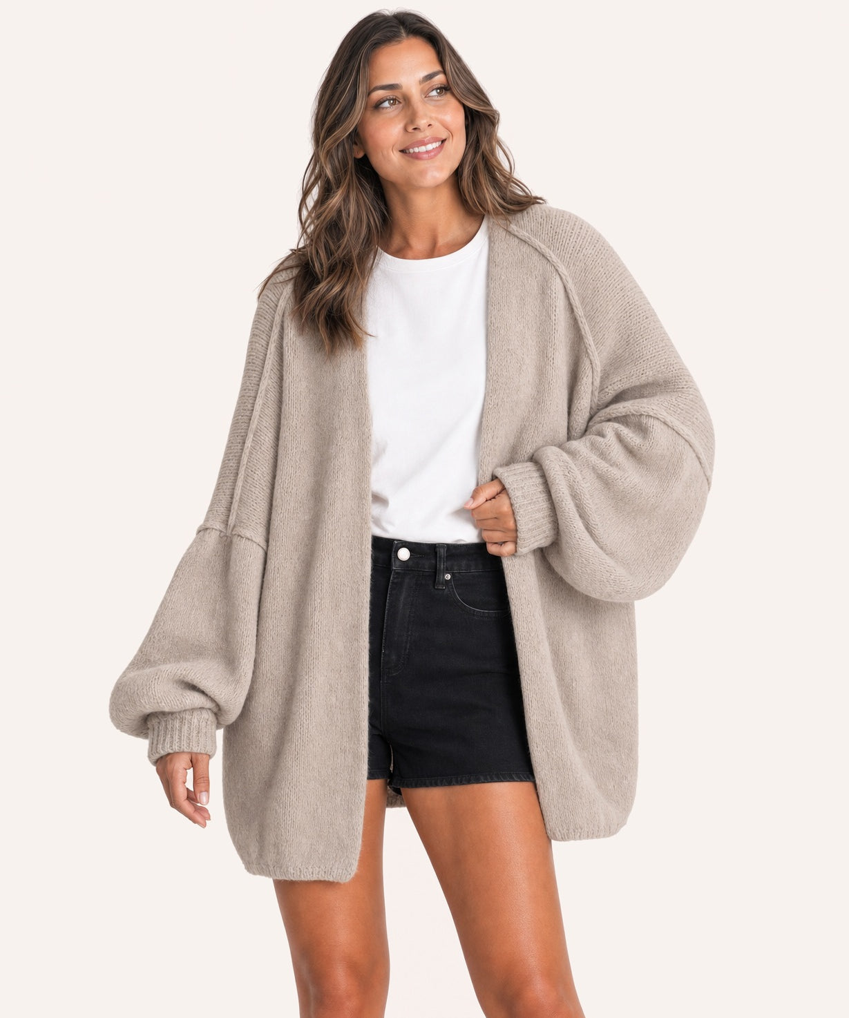 Grey beige oversized open-front knit cardigan, front view on model :: The model is 5'6" and wears a size M