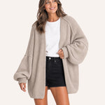 Grey beige oversized open-front knit cardigan, front view on model :: The model is 5'6" and wears a size M