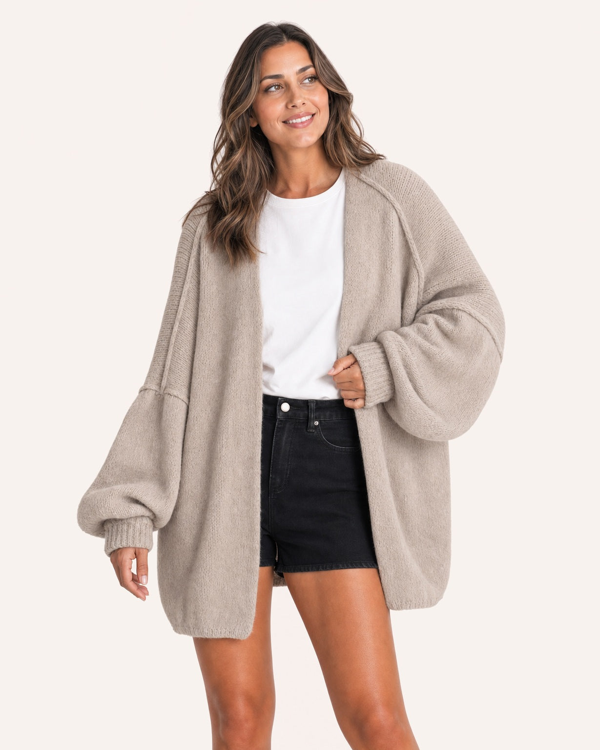 Grey beige oversized open-front knit cardigan, front view on model :: The model is 5'6" and wears a size M