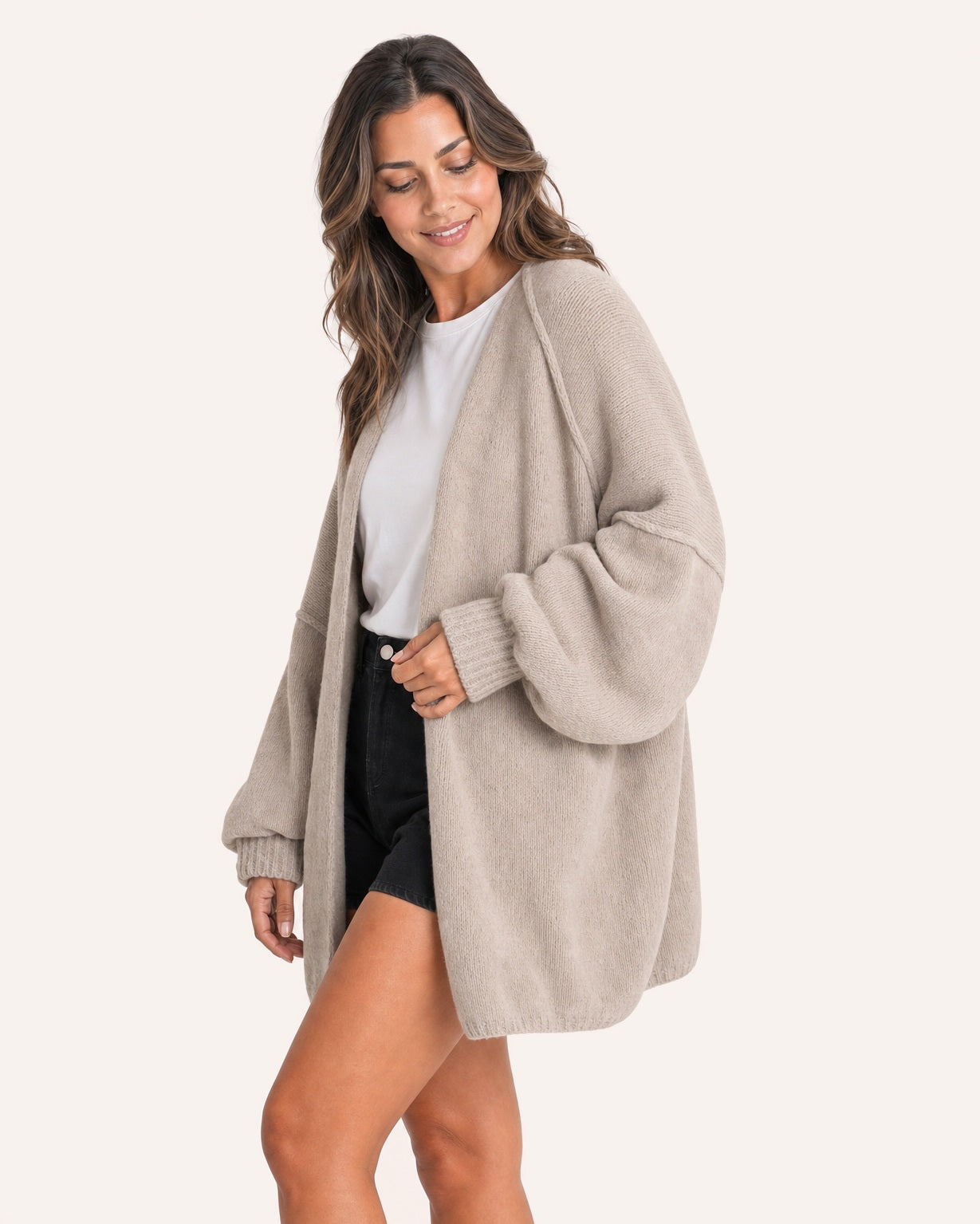 Grey beige oversized open-front knit cardigan, side view on model :: The model is 5'6" and wears a size M