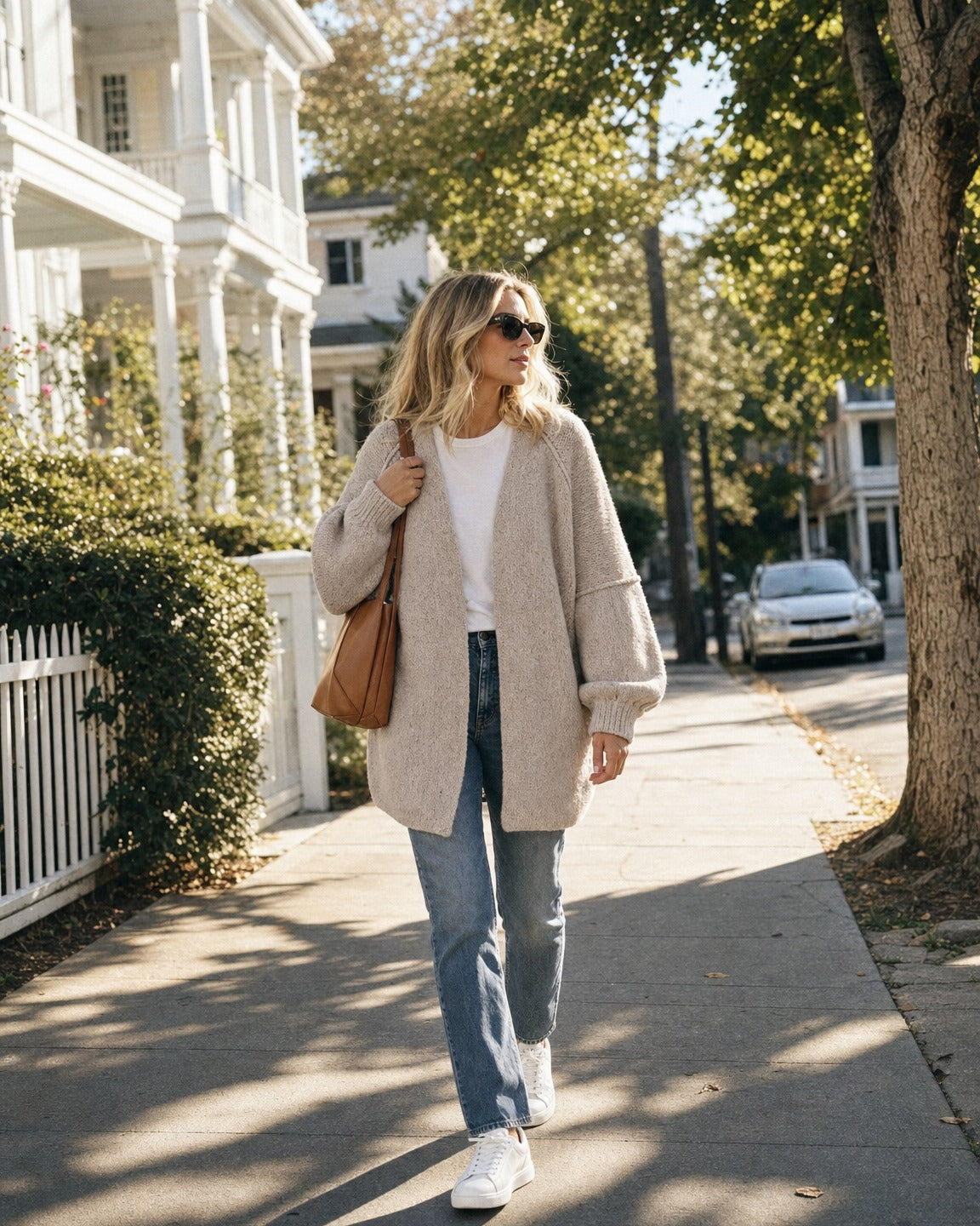 Woman wearing the oatmeal cardigan with a white tee and jeans on a tree-lined street :: The model is 5'7" and wears a size M