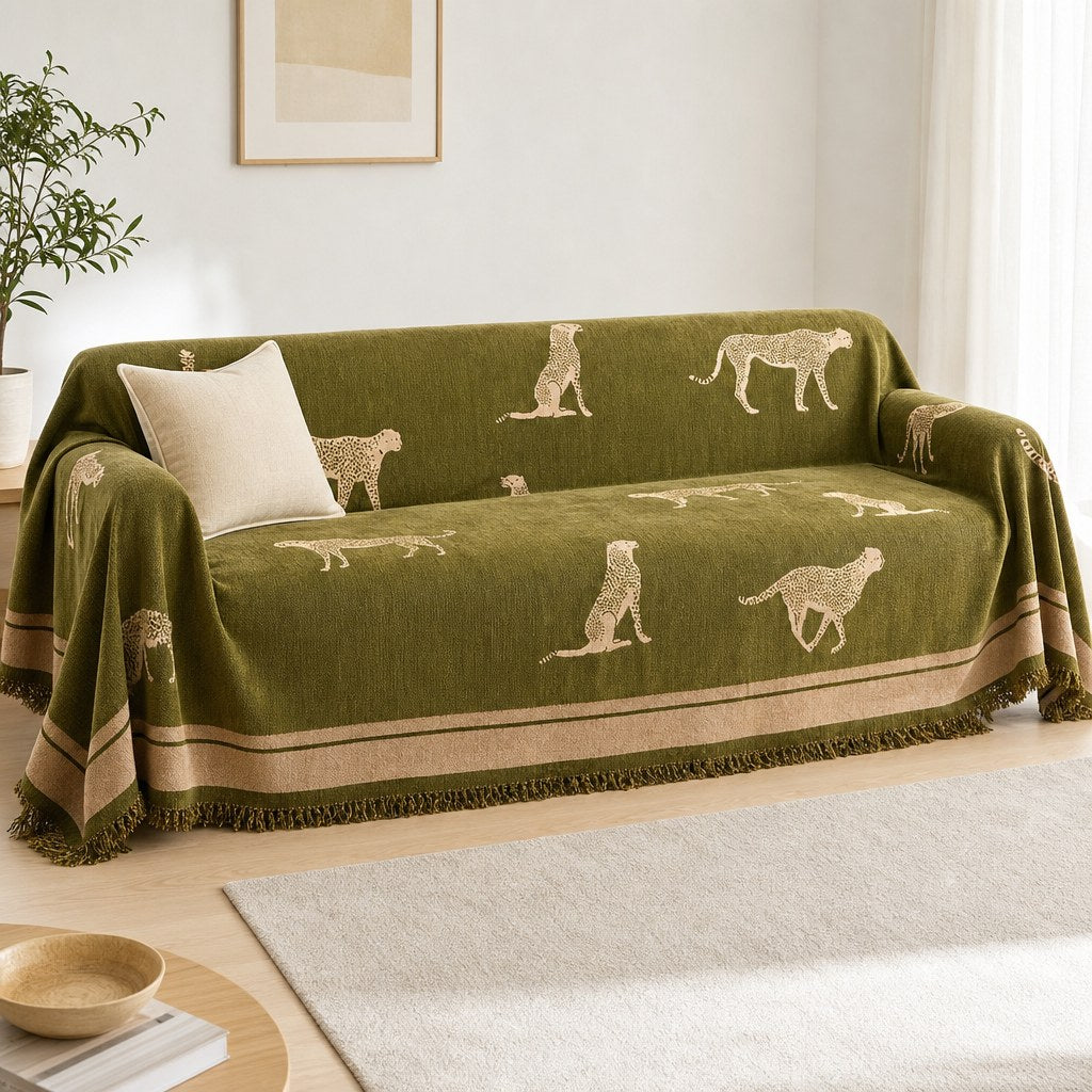 Pet-Friendly Chenille Couch Cover · Olive Cheetah