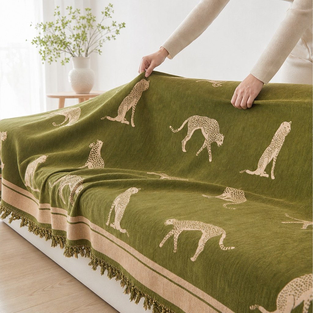 Pet-Friendly Chenille Couch Cover · Olive Cheetah