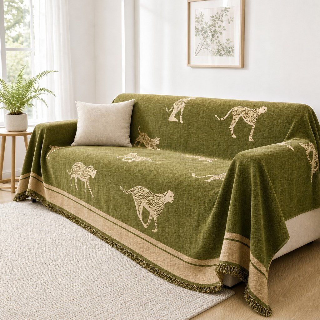 Pet-Friendly Chenille Couch Cover · Olive Cheetah