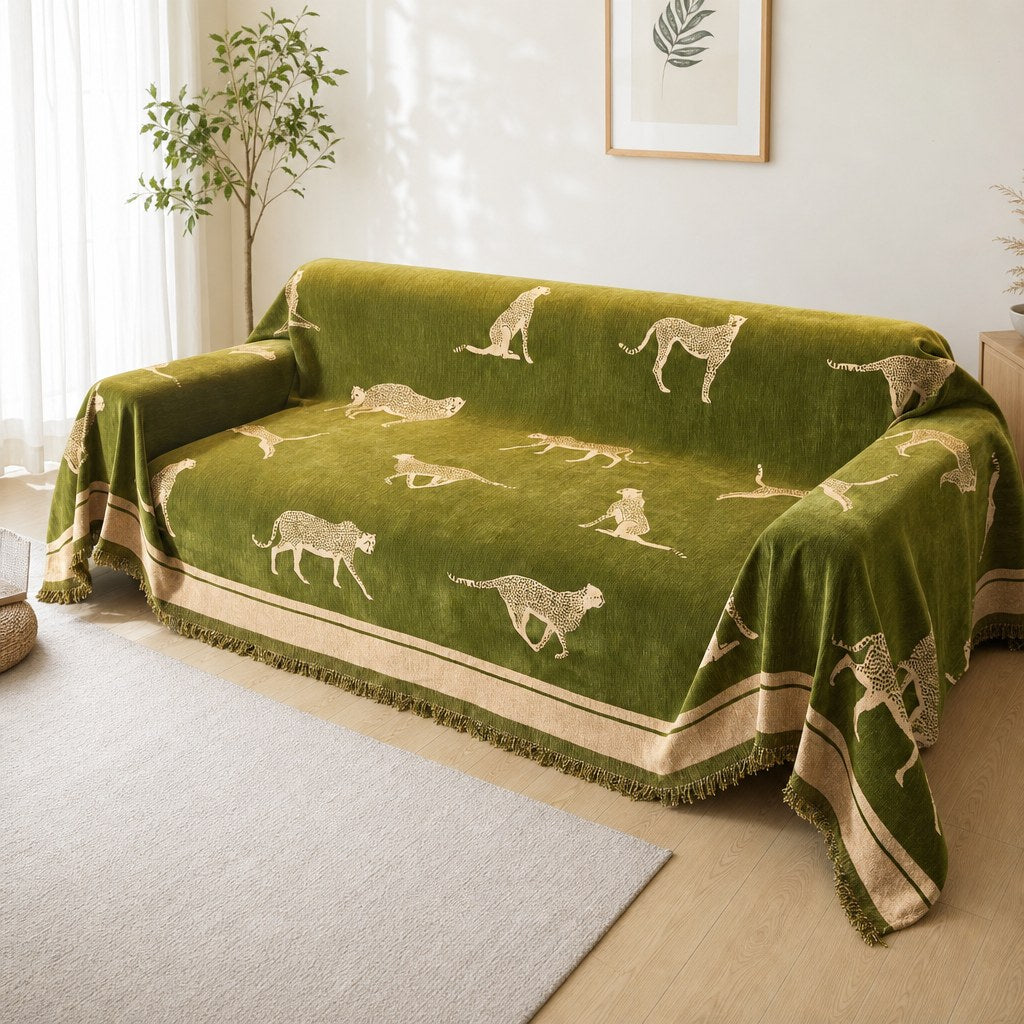 Pet-Friendly Chenille Couch Cover · Olive Cheetah