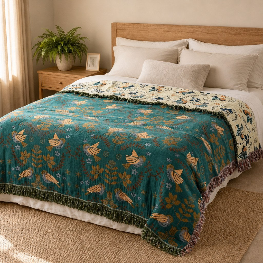 Scandinavian Bird Throw Blanket - Reversible Soft 100% Cotton with Fringe