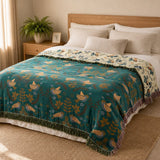 Scandinavian Bird Throw Blanket - Reversible Soft 100% Cotton with Fringe