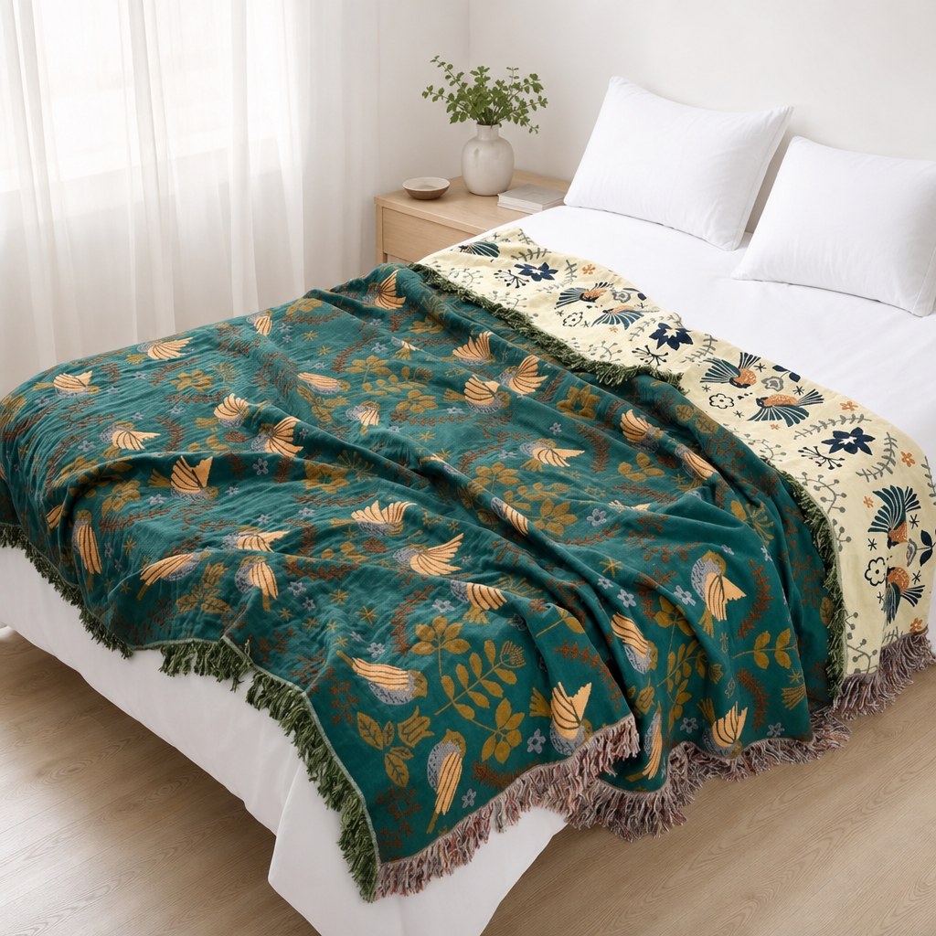 Scandinavian Bird Throw Blanket - Reversible Soft 100% Cotton with Fringe