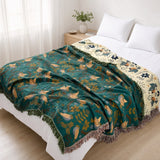 Scandinavian Bird Throw Blanket - Reversible Soft 100% Cotton with Fringe