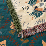 Scandinavian Bird Throw Blanket - Reversible Soft 100% Cotton with Fringe