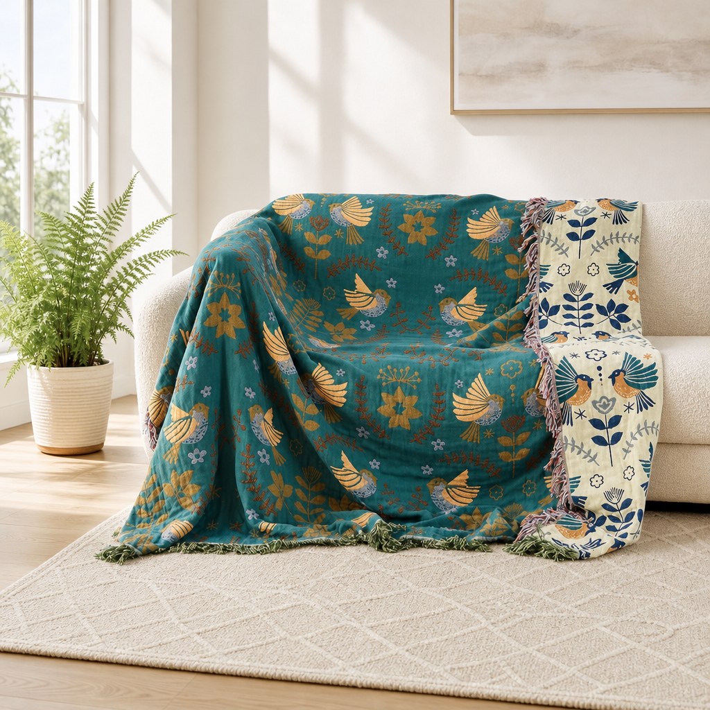 Boho Floral Throw Blanket · Reversible 100% Cotton - Scandinavian Bird