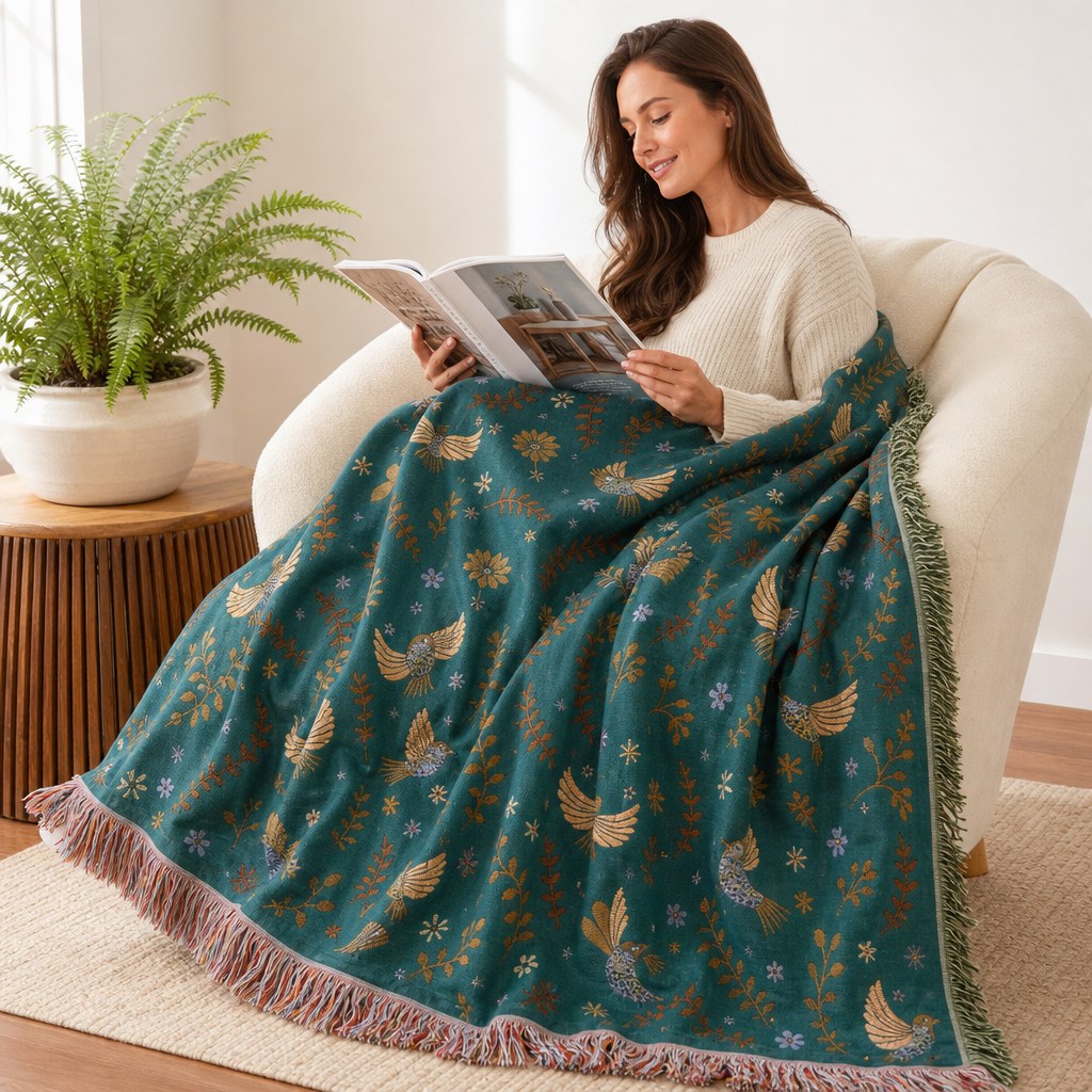 Scandinavian Bird Throw Blanket - Reversible Soft 100% Cotton with Fringe