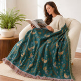 Scandinavian Bird Throw Blanket - Reversible Soft 100% Cotton with Fringe