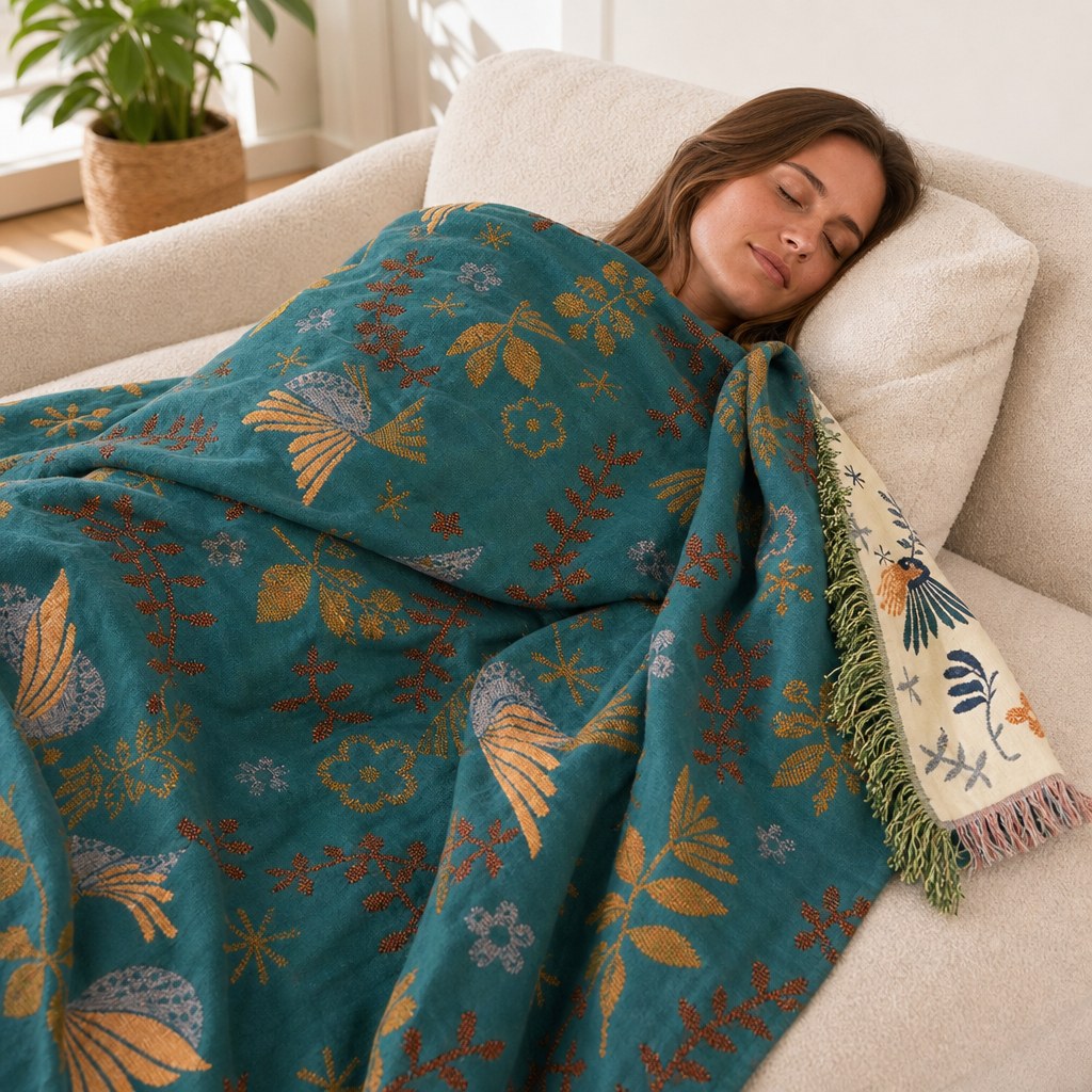 Scandinavian Bird Throw Blanket - Reversible Soft 100% Cotton with Fringe